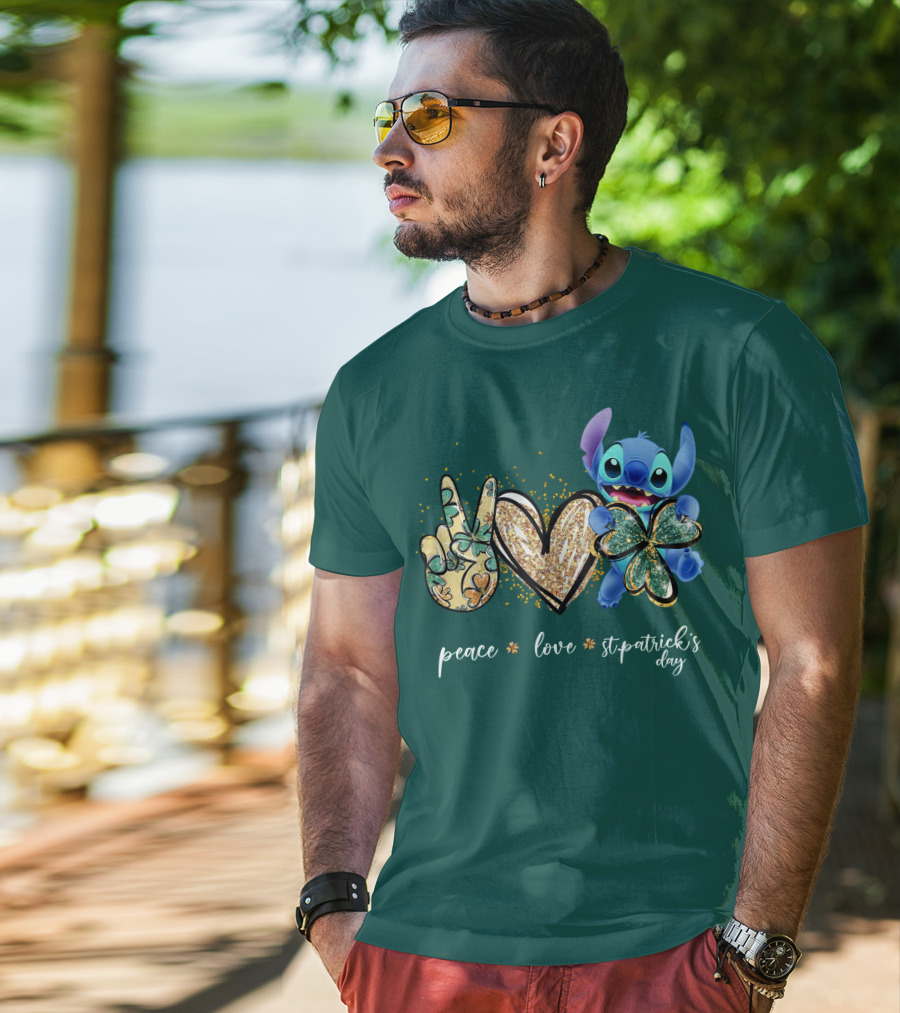 Peace Love St. Patrick's Day Stitch Shamrock Clover T-Shirt