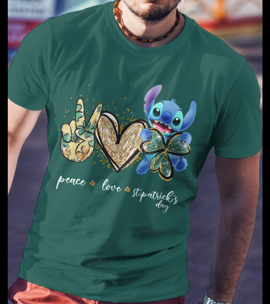 Peace Love St. Patrick's Day Stitch Shamrock Clover T-Shirt