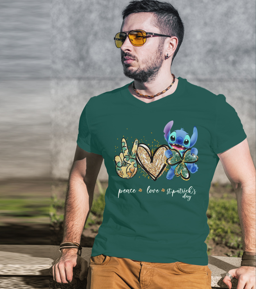 Peace Love St. Patrick's Day Stitch Shamrock Clover T-Shirt
