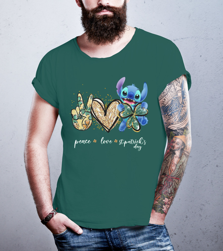 Peace Love St. Patrick's Day Stitch Shamrock Clover T-Shirt