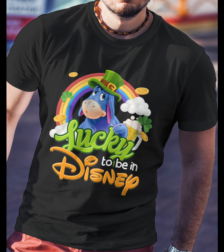 Eeyore Lucky To Be In Disney St. Patrick's Day Rainbow And Coins T-Shirt