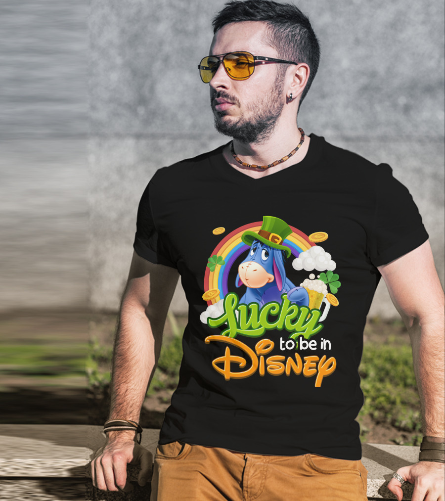 Eeyore Lucky To Be In Disney St. Patrick's Day Rainbow And Coins T-Shirt