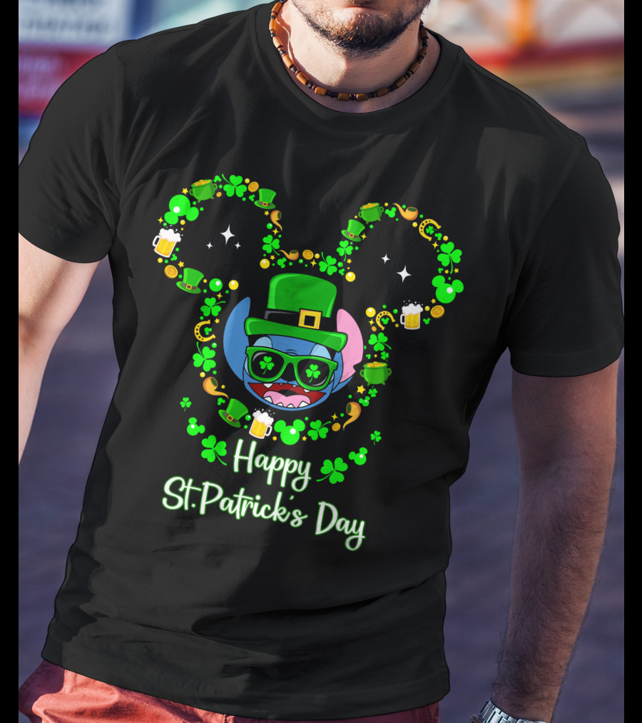 Stitch Happy St. Patrick's Day Mickey Ears Clover Hat Beer T-Shirt
