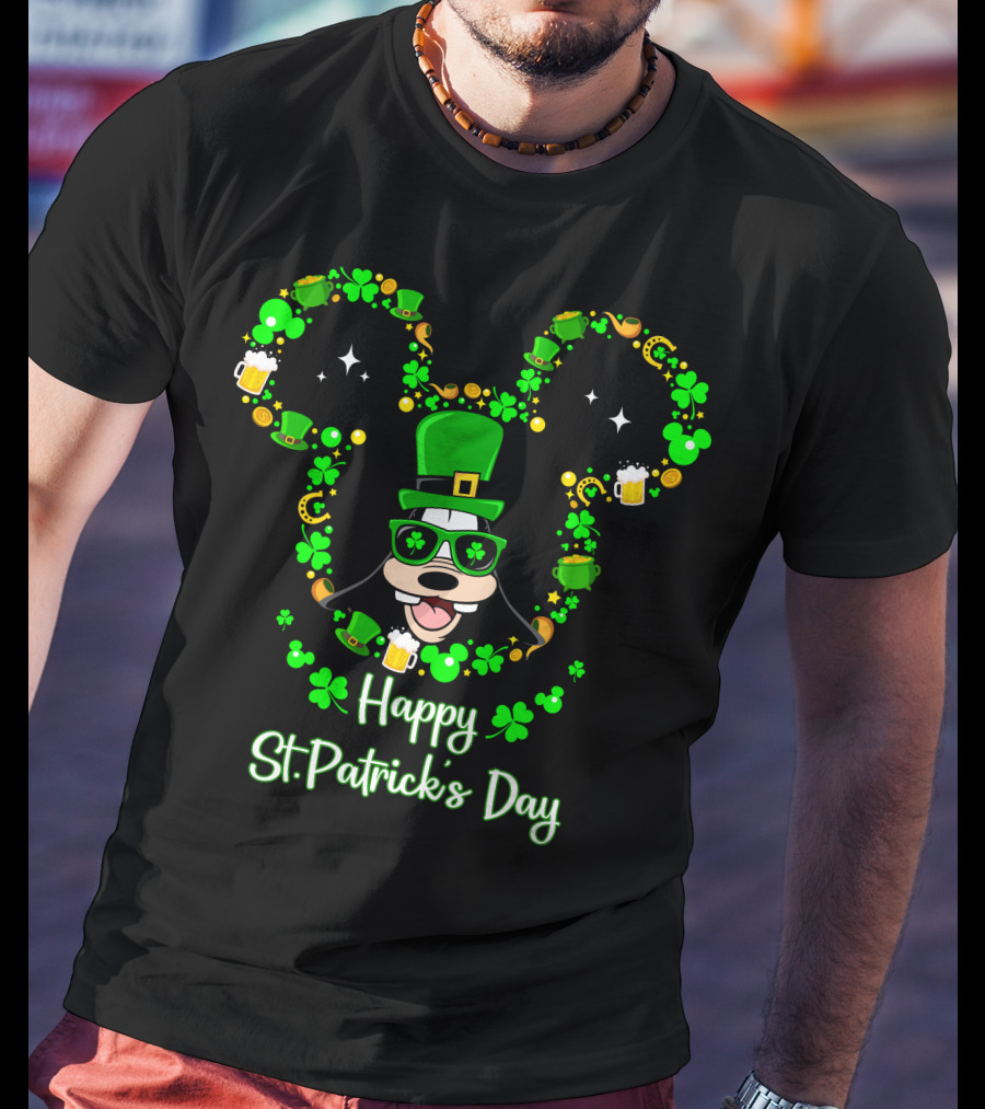 Happy St. Patrick's Day Goofy With Shamrocks And Leprechaun Hat T-Shirt