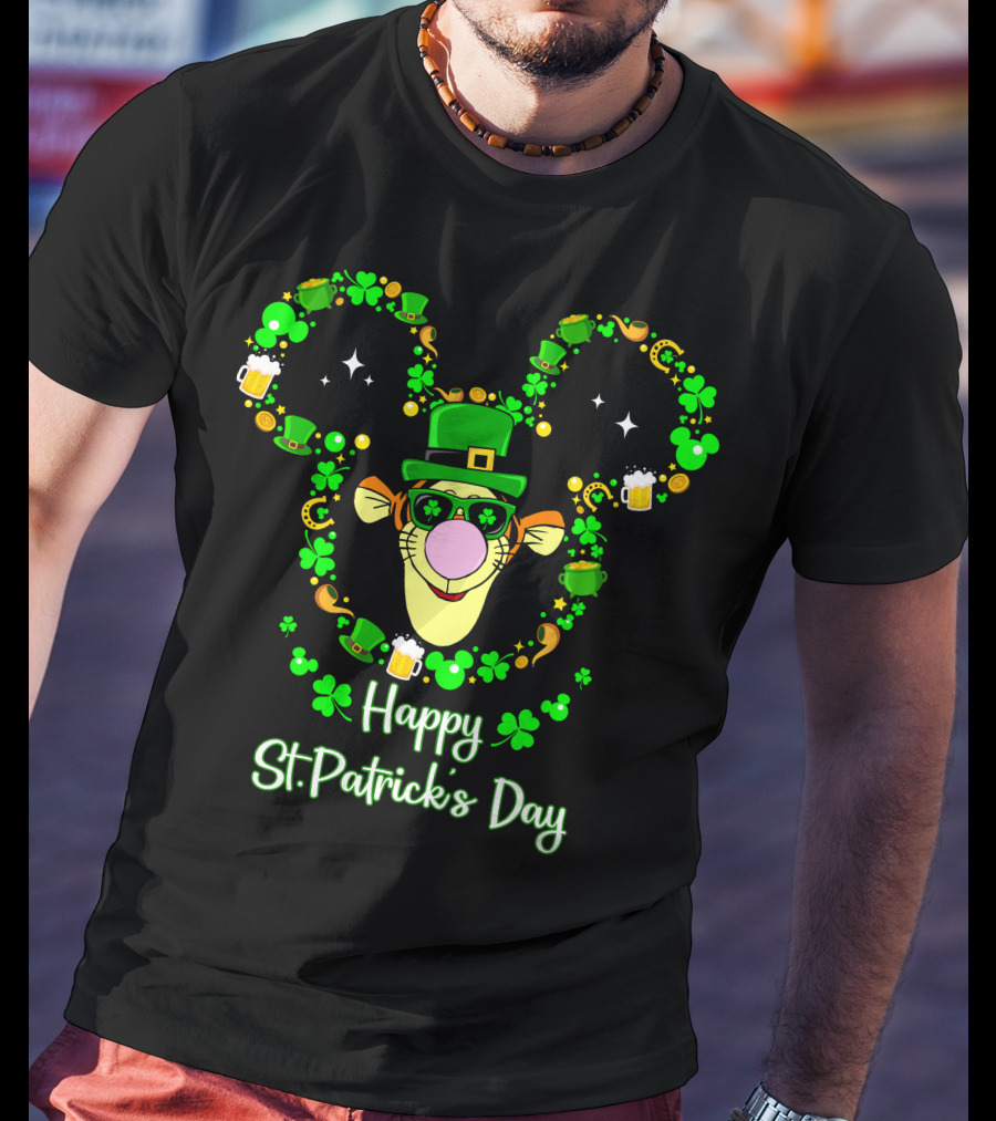 Happy St. Patrick's Day Tigger Shamrock Hat Beer Coin Celebration T-Shirt