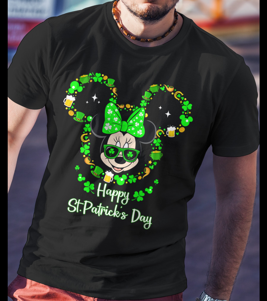 Happy St. Patrick's Day Minnie Mouse With Green Shamrocks And Accessories T-Shirt