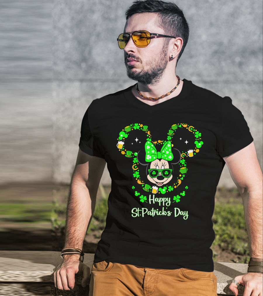 Happy St. Patrick's Day Minnie Mouse With Green Shamrocks And Accessories T-Shirt