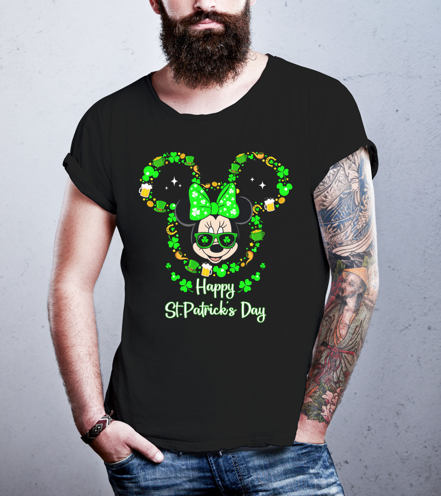 Happy St. Patrick's Day Minnie Mouse With Green Shamrocks And Accessories T-Shirt