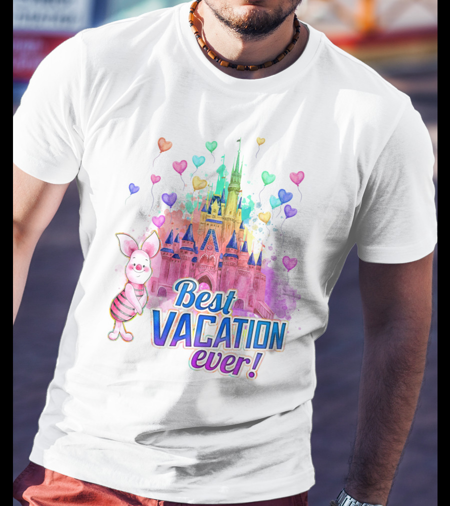 Piglet Best Vacation Ever Colorful Castle And Hearts T-Shirt