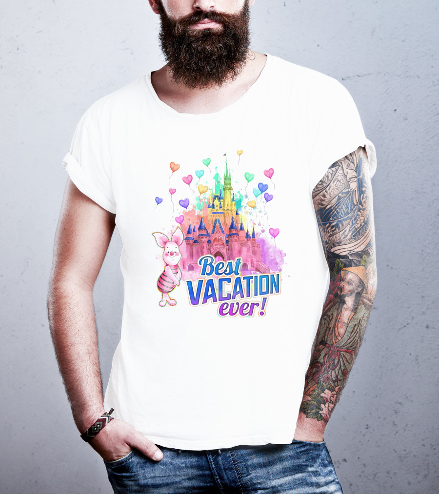 Piglet Best Vacation Ever Colorful Castle And Hearts T-Shirt