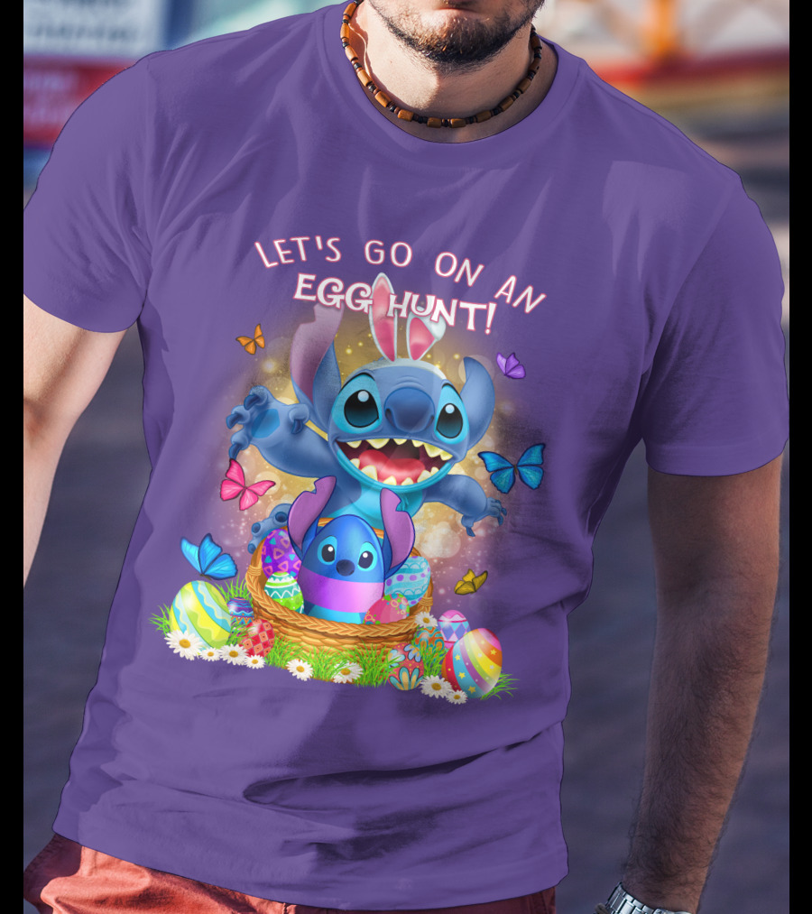 Let's Go On An Egg Hunt With Stitch Basket Of Eggs And Butterflies T-Shirt