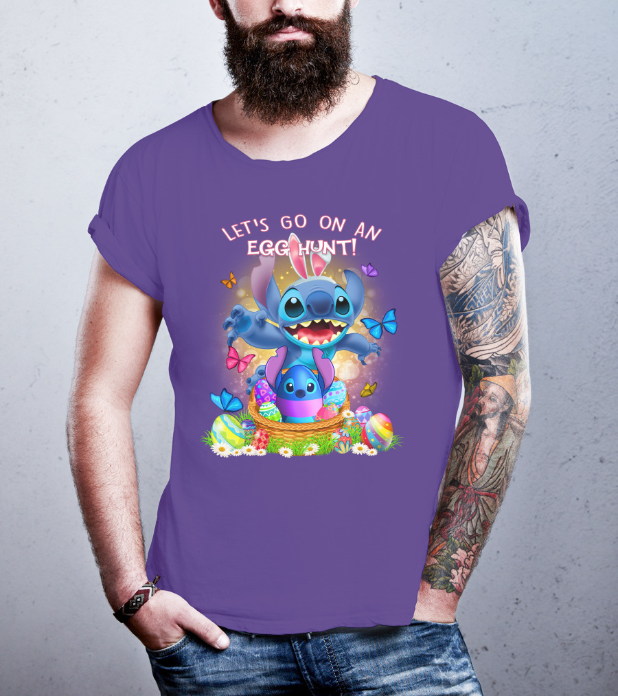 Let's Go On An Egg Hunt With Stitch Basket Of Eggs And Butterflies T-Shirt