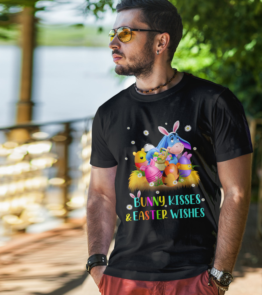 Bunny Kisses And Easter Wishes Eeyore Colorful Eggs Basket T-Shirt