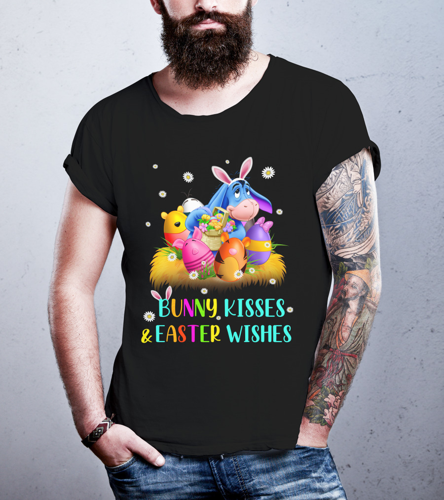 Bunny Kisses And Easter Wishes Eeyore Colorful Eggs Basket T-Shirt