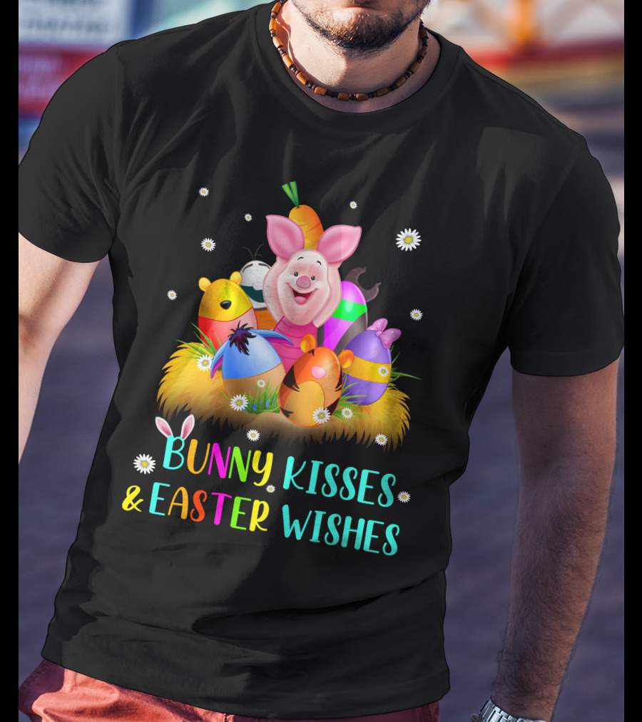 Bunny Kisses & Easter Wishes Piglet Colorful Eggs And Flowers T-Shirt