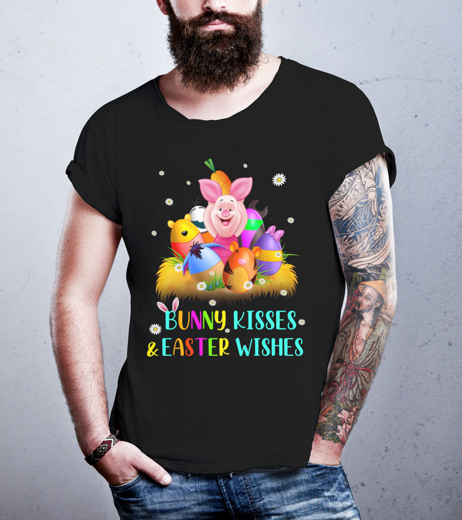 Bunny Kisses & Easter Wishes Piglet Colorful Eggs And Flowers T-Shirt