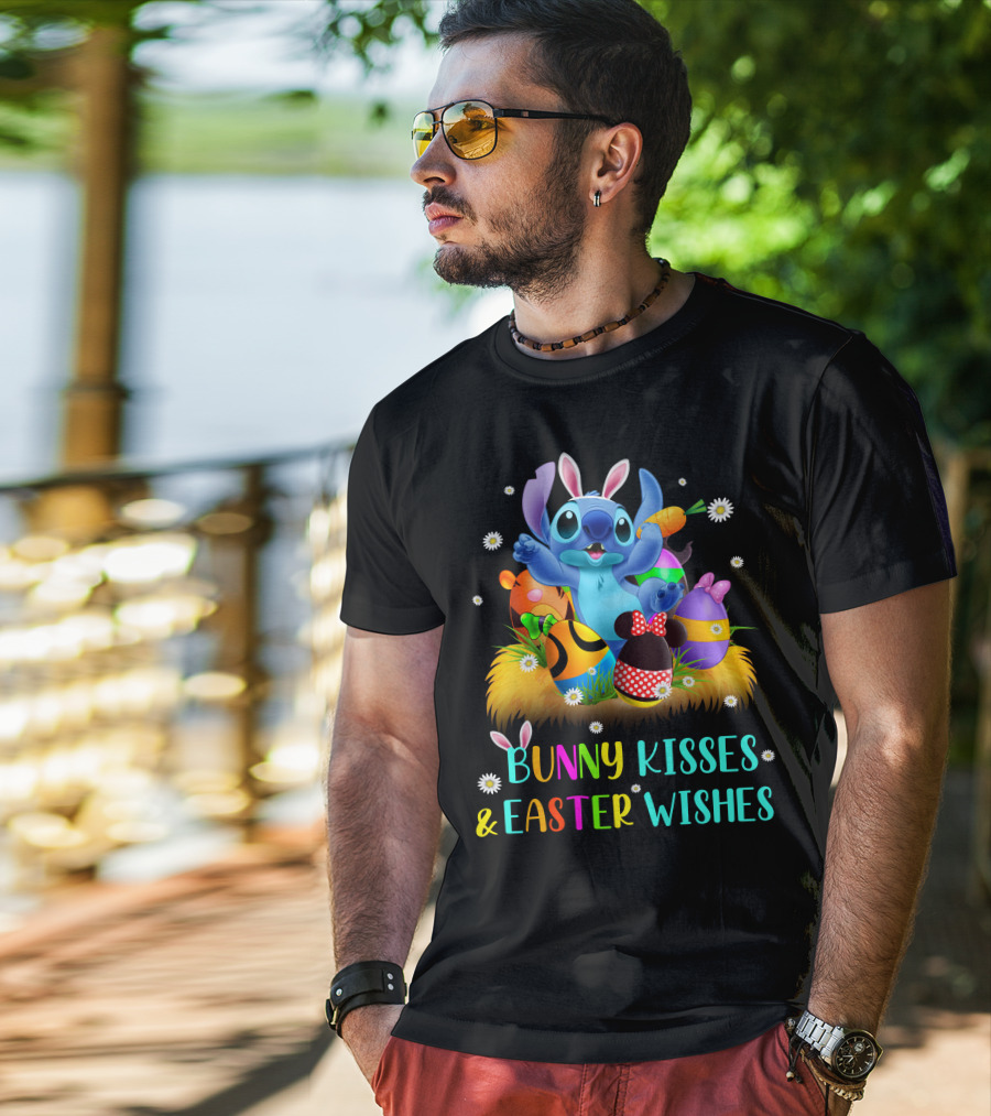 Bunny Kisses & Easter Wishes Stitch With Colorful Eggs And Spring Flowers T-Shirt