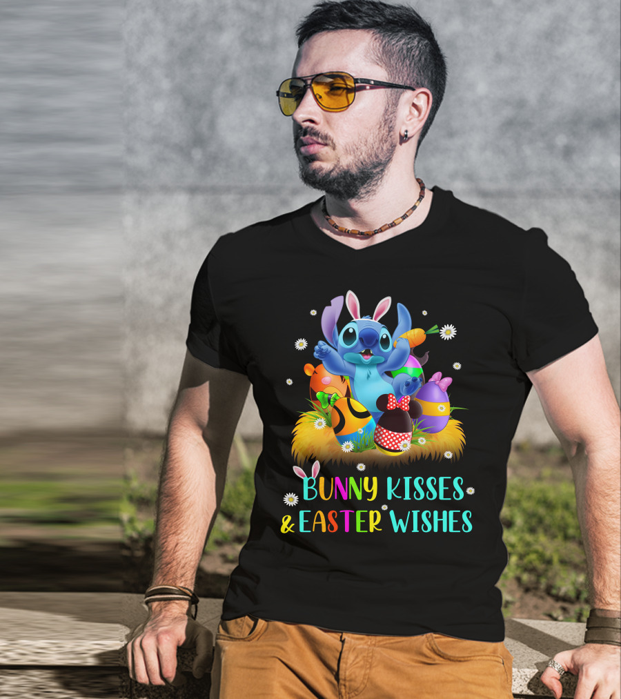 Bunny Kisses & Easter Wishes Stitch With Colorful Eggs And Spring Flowers T-Shirt