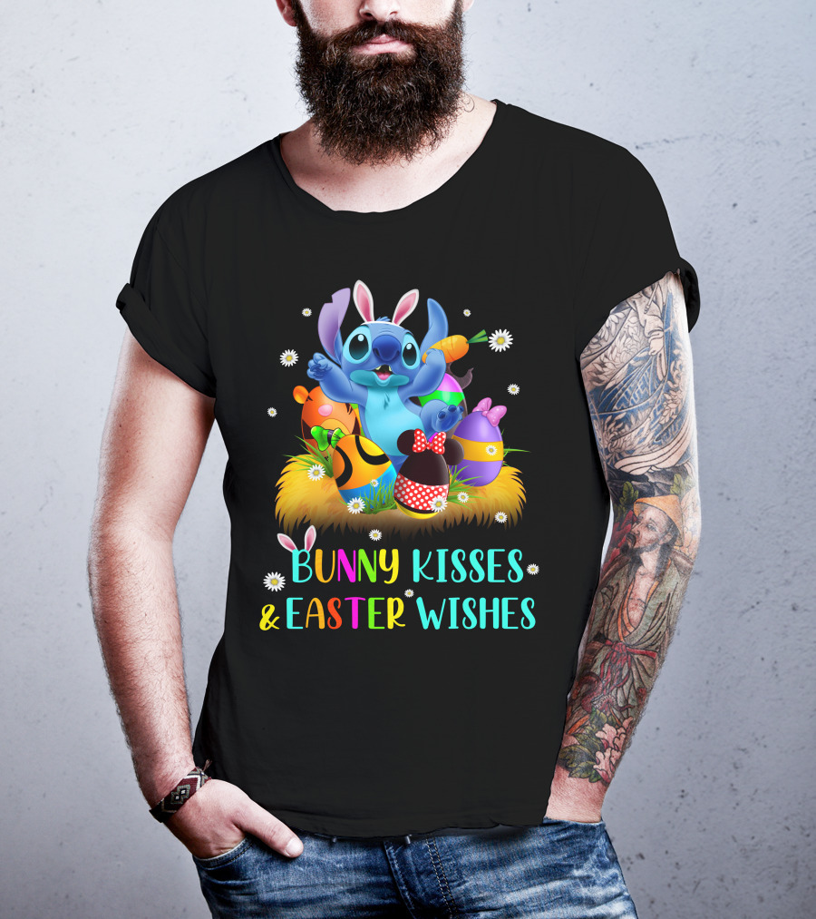 Bunny Kisses & Easter Wishes Stitch With Colorful Eggs And Spring Flowers T-Shirt