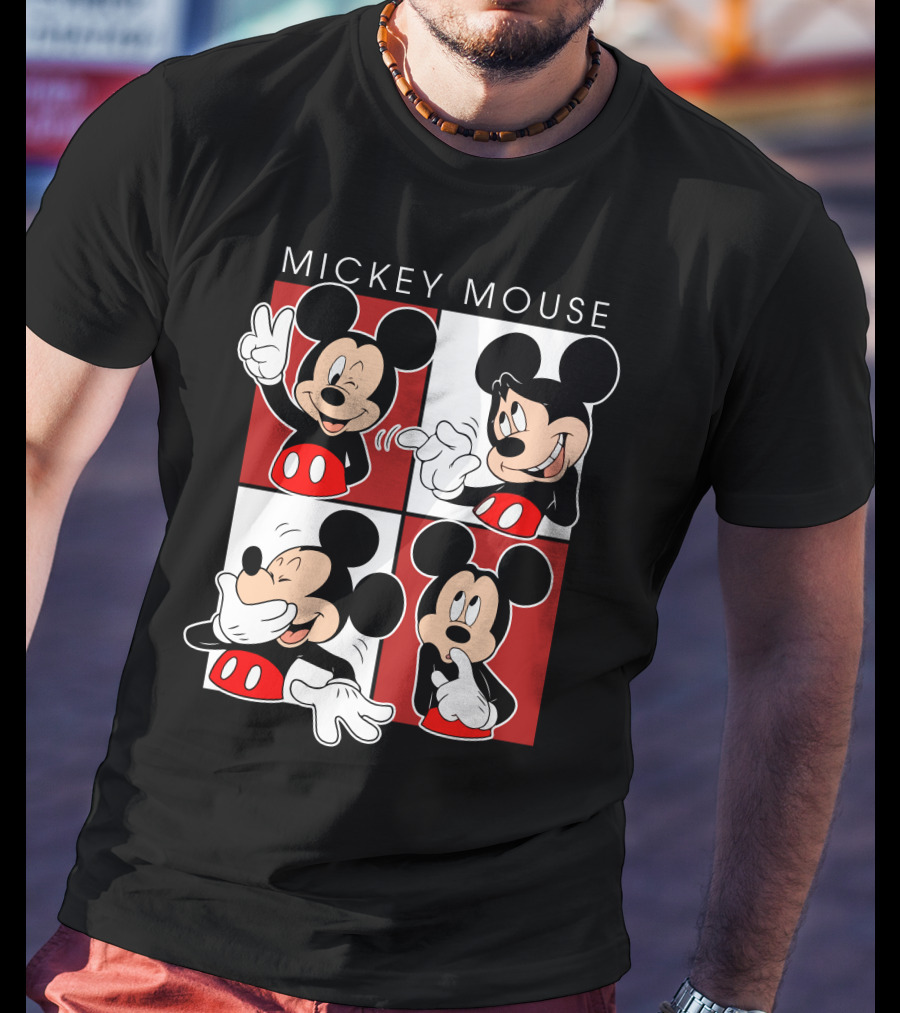 Mickey Mouse Expressive Poses Red And White Comic Panel T-Shirt