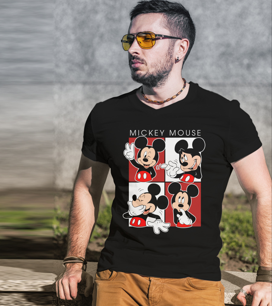 Mickey Mouse Expressive Poses Red And White Comic Panel T-Shirt