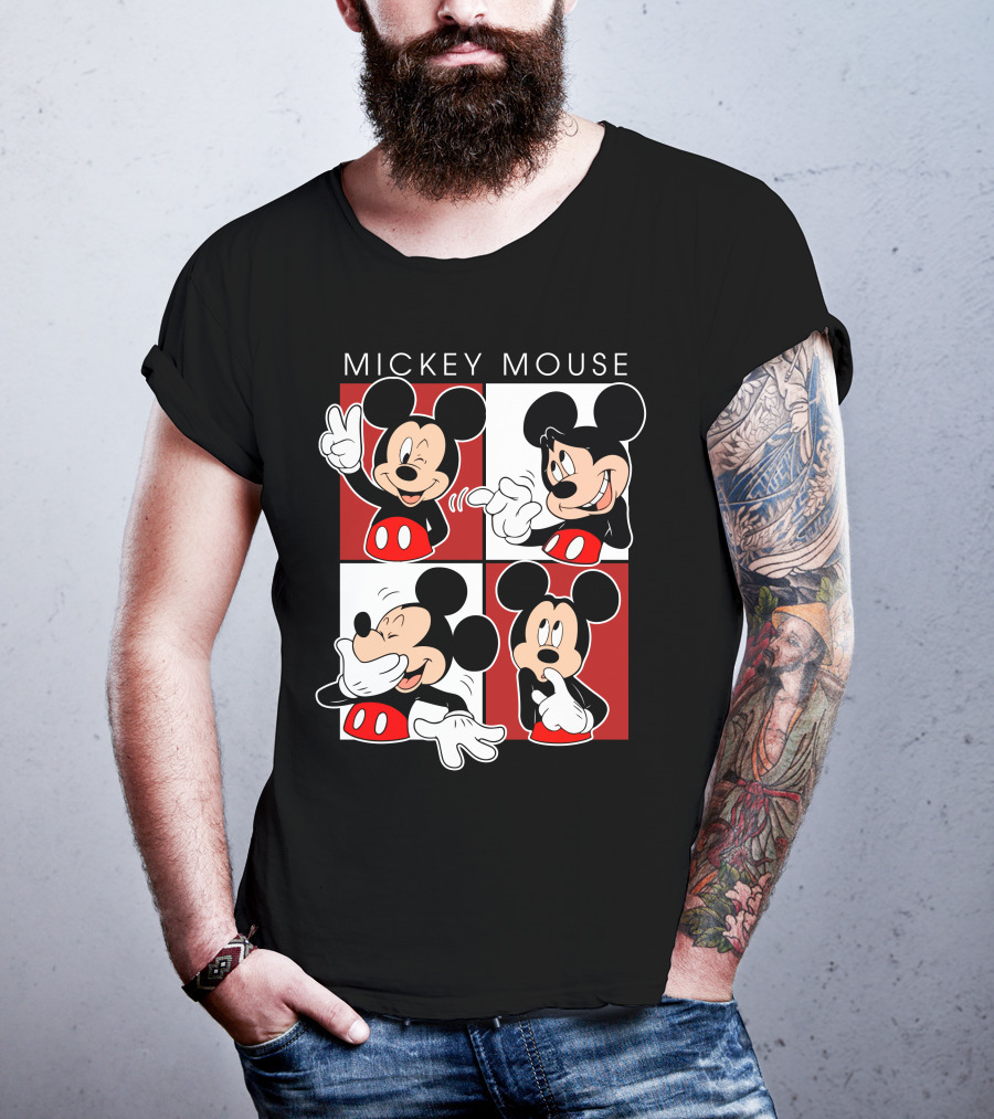 Mickey Mouse Expressive Poses Red And White Comic Panel T-Shirt