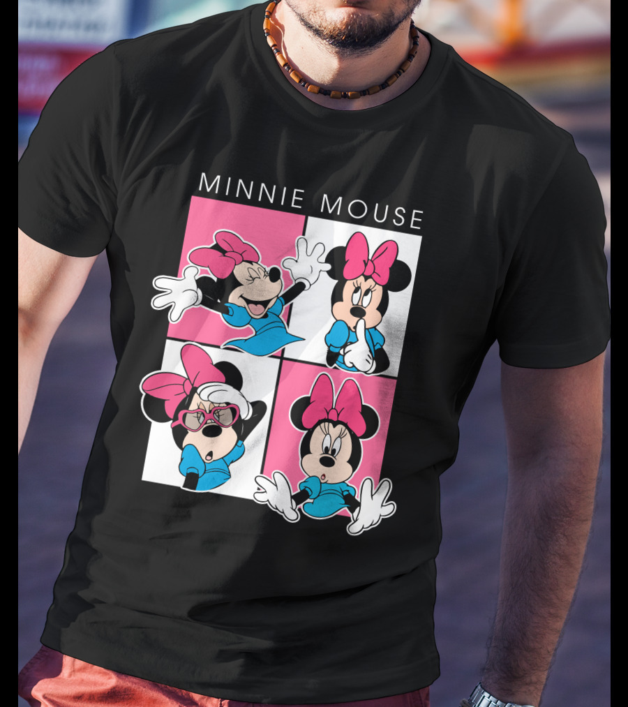 Minnie Mouse Expressive Poses In Blue Dress And Pink Bows T-Shirt