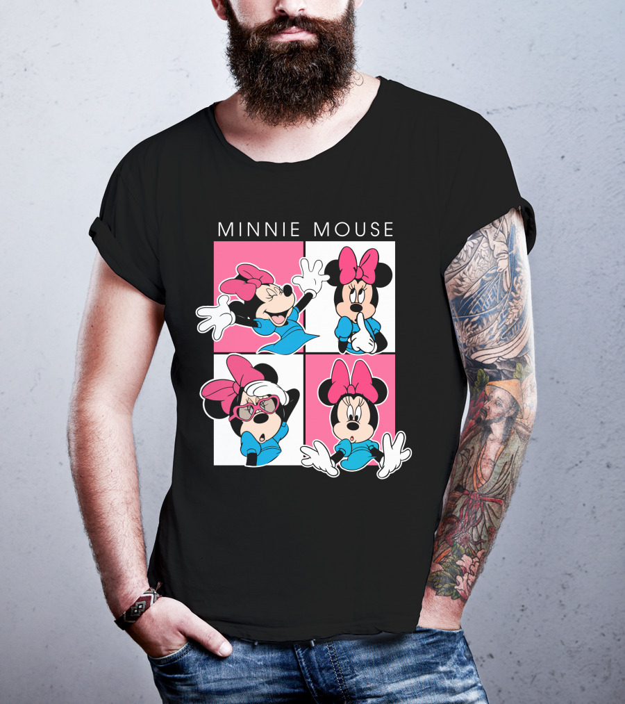 Minnie Mouse Expressive Poses In Blue Dress And Pink Bows T-Shirt