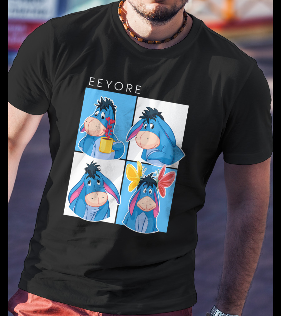 Eeyore Cartoon Expressions With Flowers And Mug T-Shirt