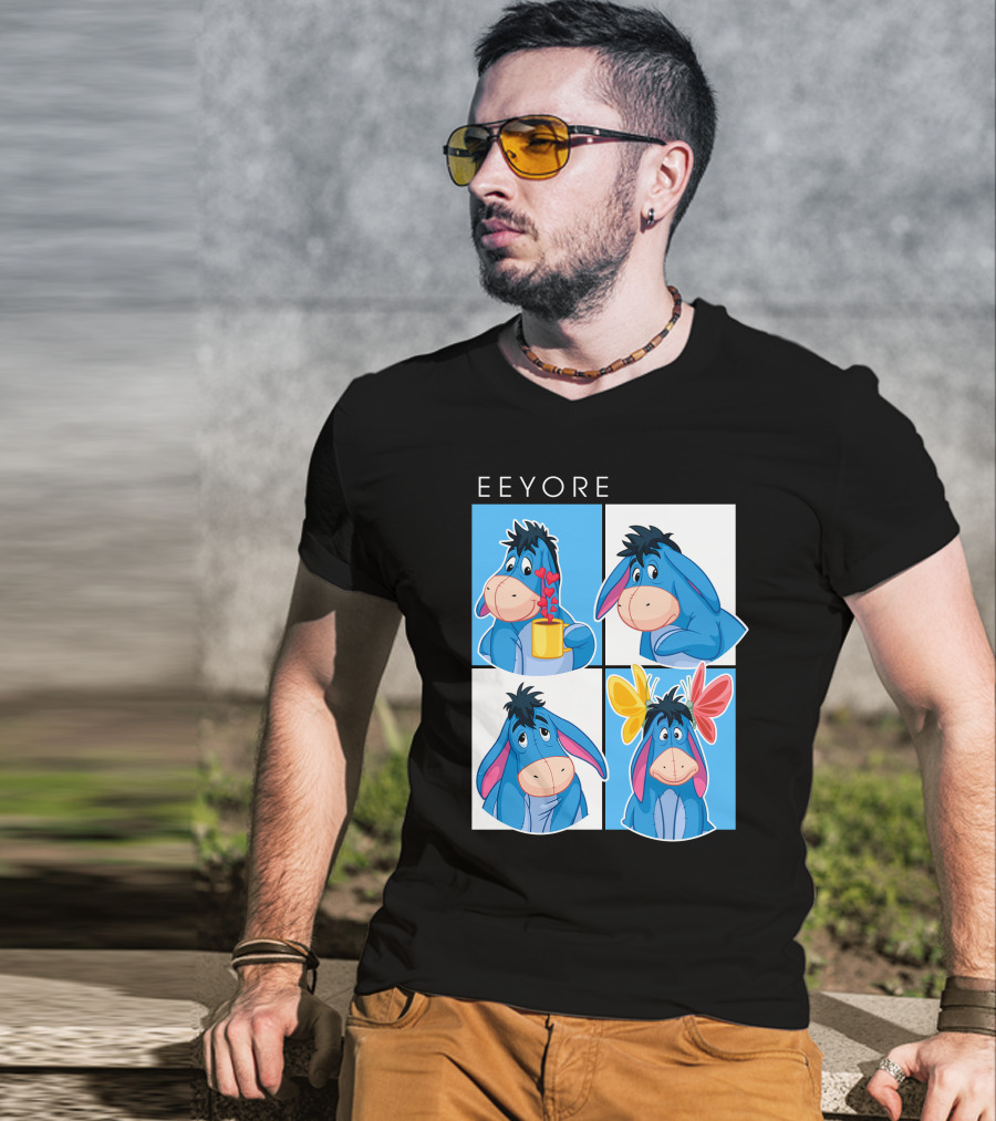Eeyore Cartoon Expressions With Flowers And Mug T-Shirt