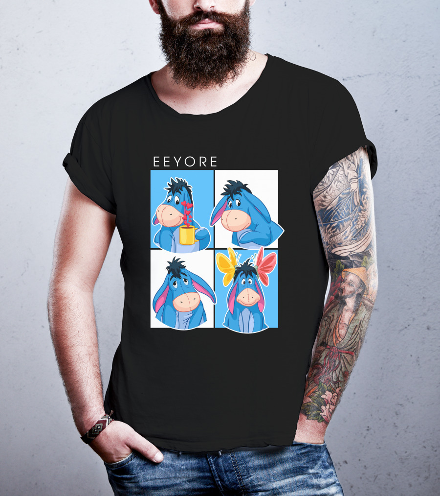 Eeyore Cartoon Expressions With Flowers And Mug T-Shirt