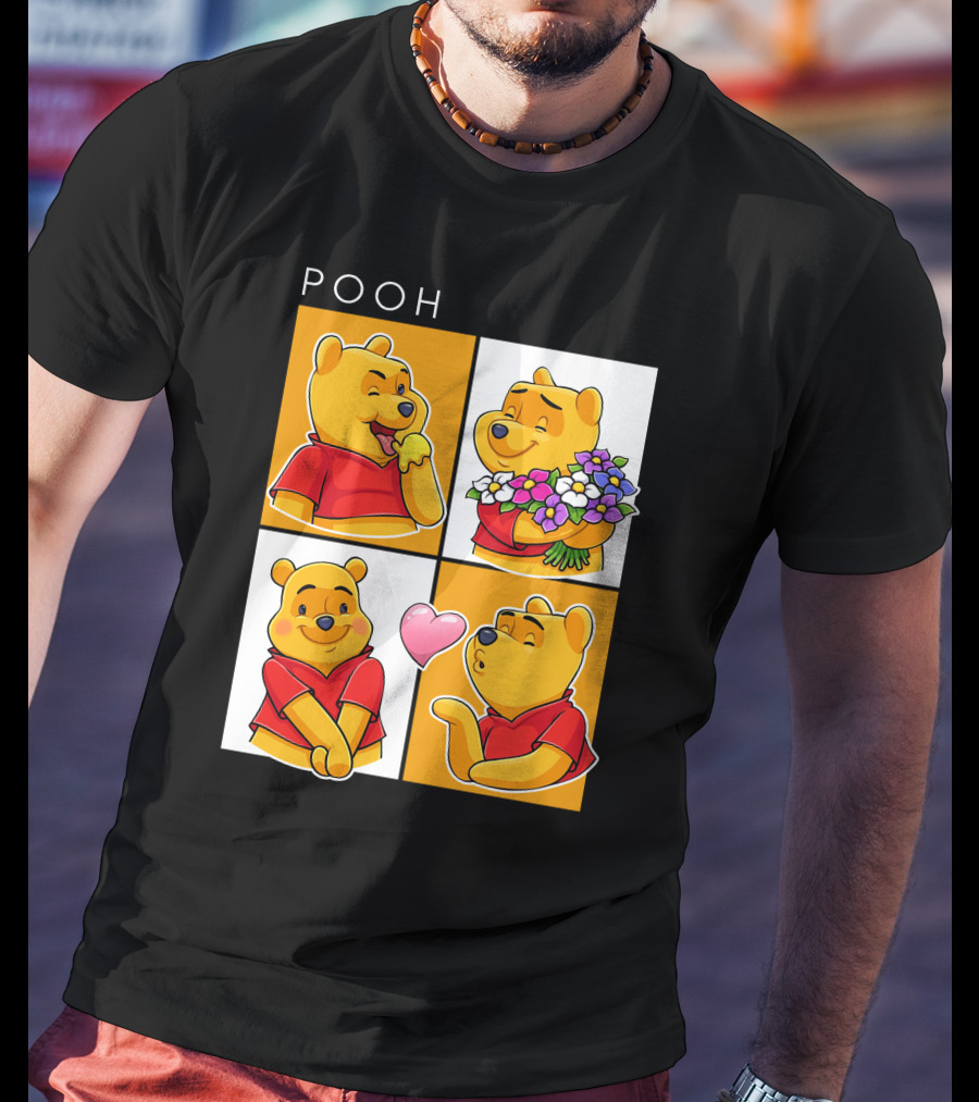 Pooh Cute Expressions And Flowers With Heart T-Shirt