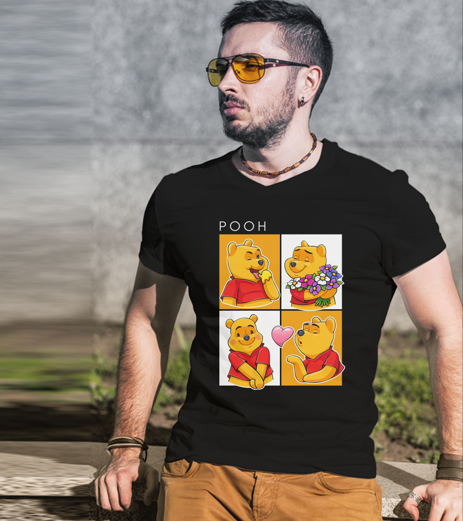 Pooh Cute Expressions And Flowers With Heart T-Shirt