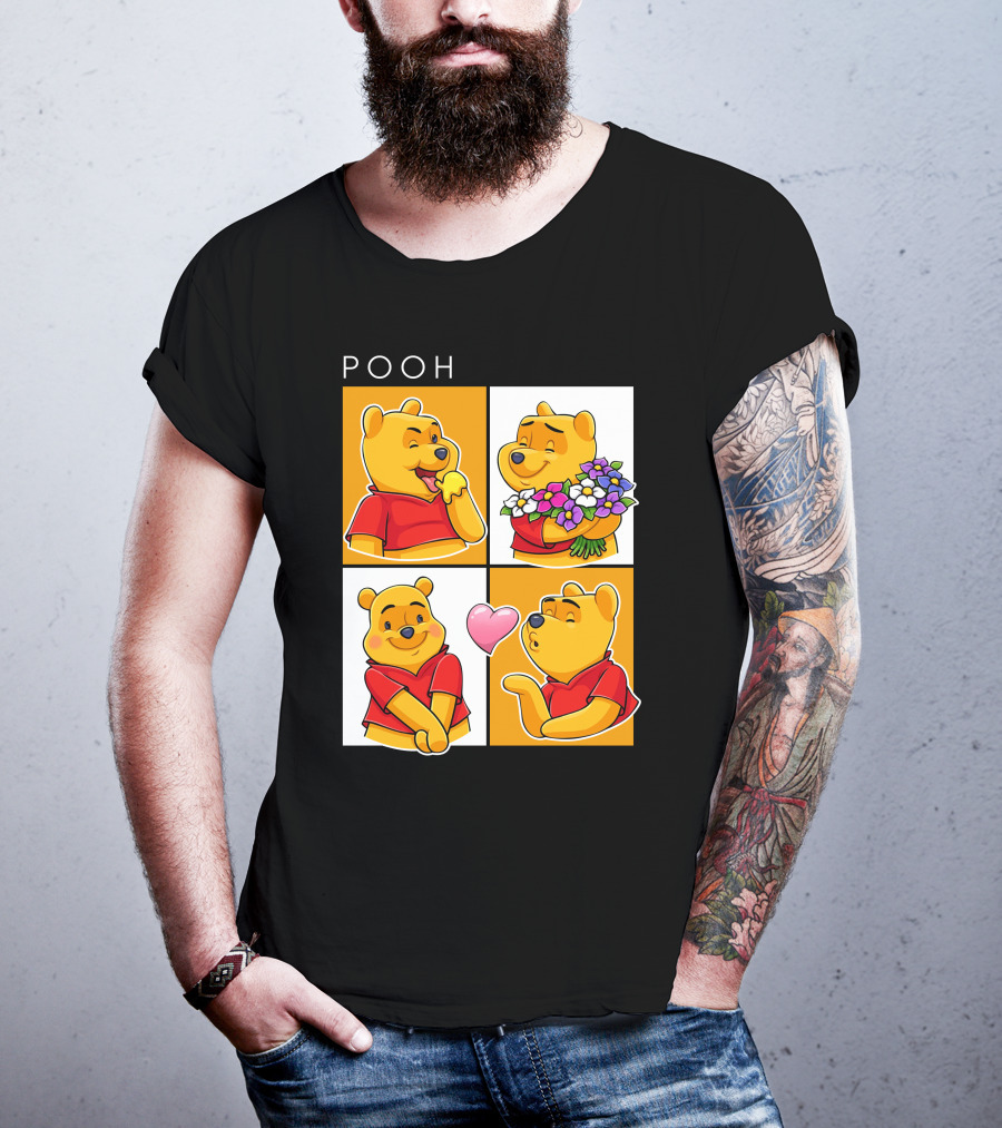 Pooh Cute Expressions And Flowers With Heart T-Shirt