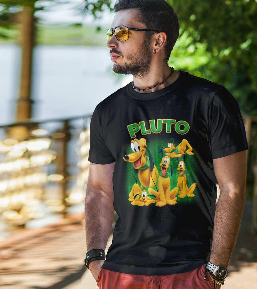 Pluto Classic Disney Character With Multiple Expressions On Green T-Shirt