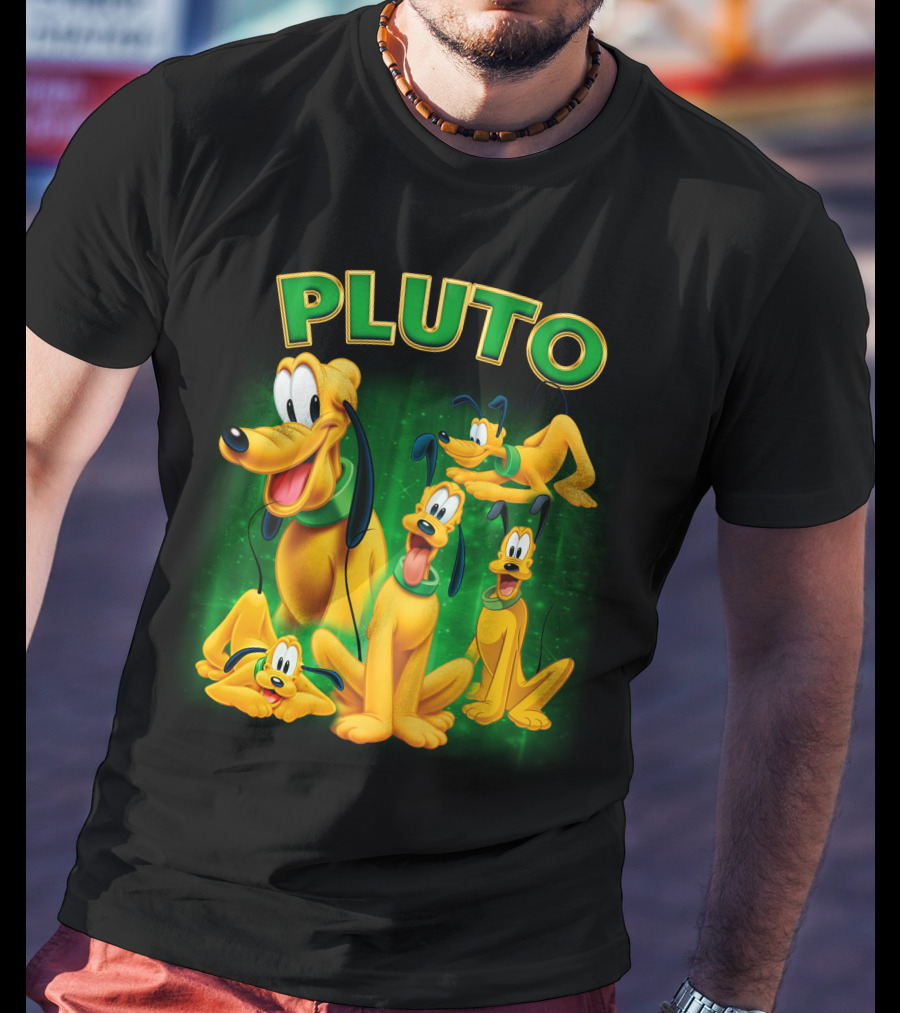 Pluto Classic Disney Character With Multiple Expressions On Green T-Shirt