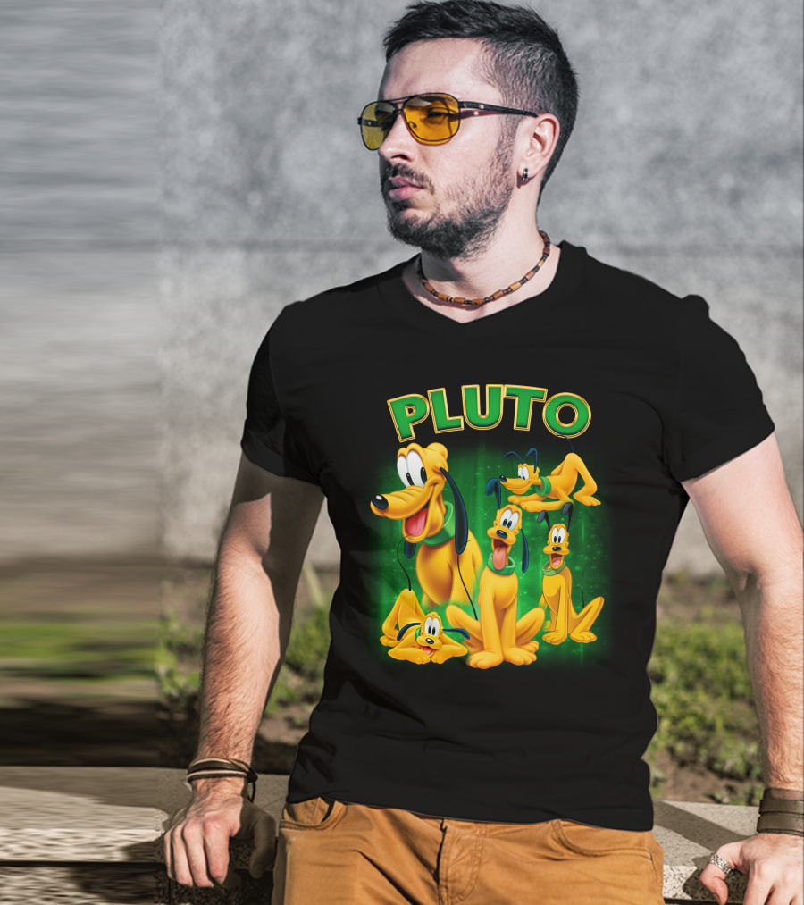 Pluto Classic Disney Character With Multiple Expressions On Green T-Shirt