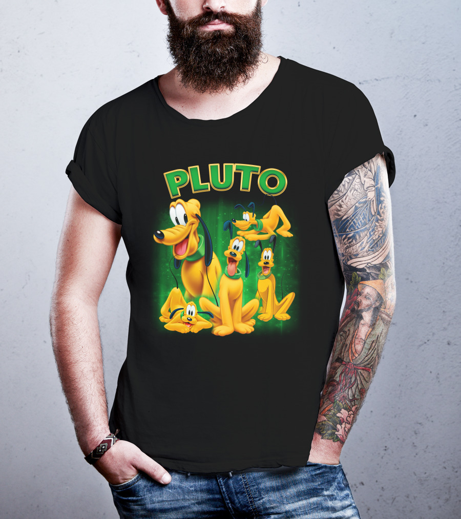 Pluto Classic Disney Character With Multiple Expressions On Green T-Shirt