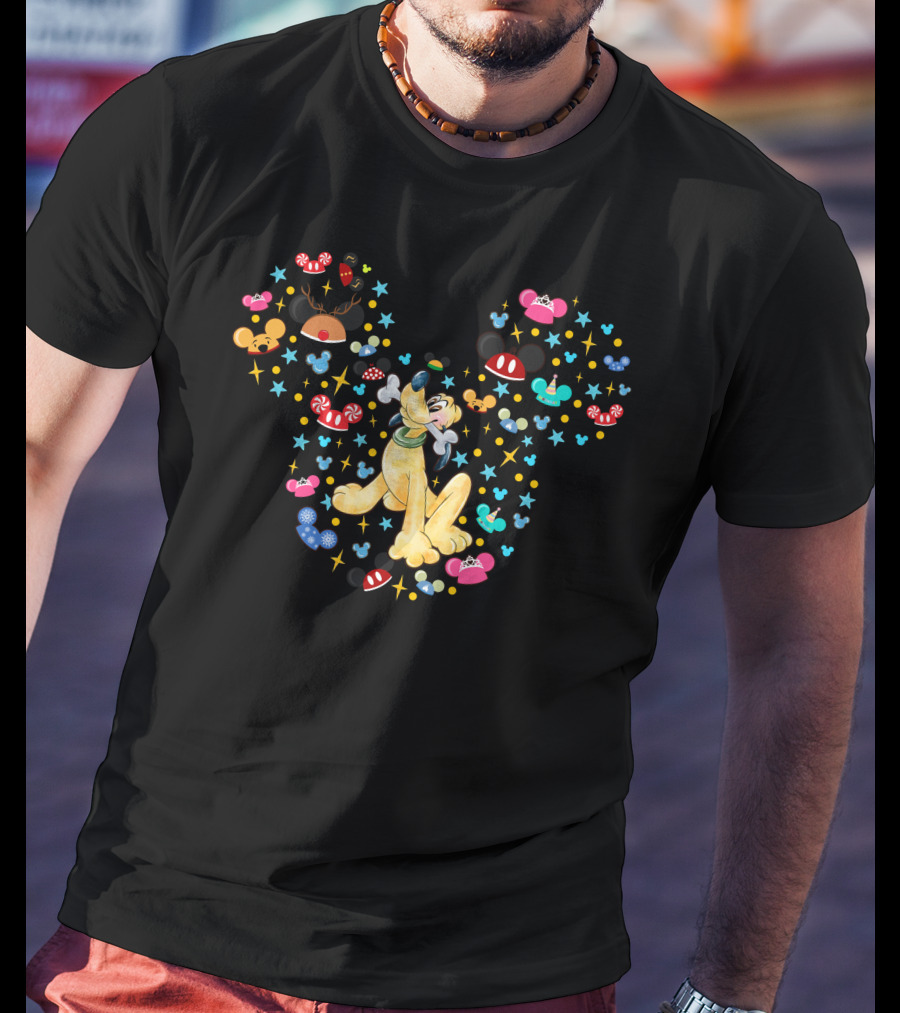 Pluto Surrounded By Mickey Mouse Ears And Holiday Icons T-Shirt