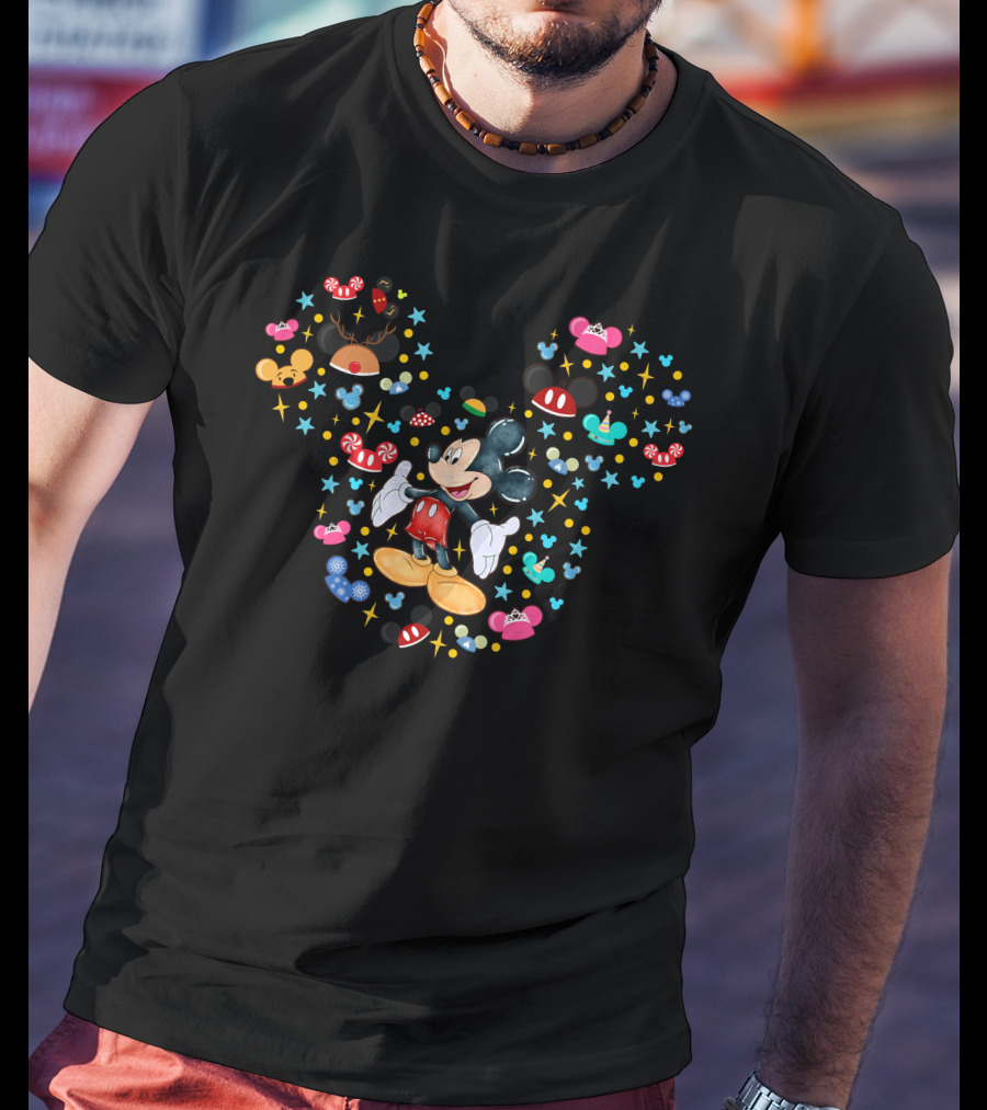 Mickey Mouse Icon With Holiday Ears And Candy Elements T-Shirt