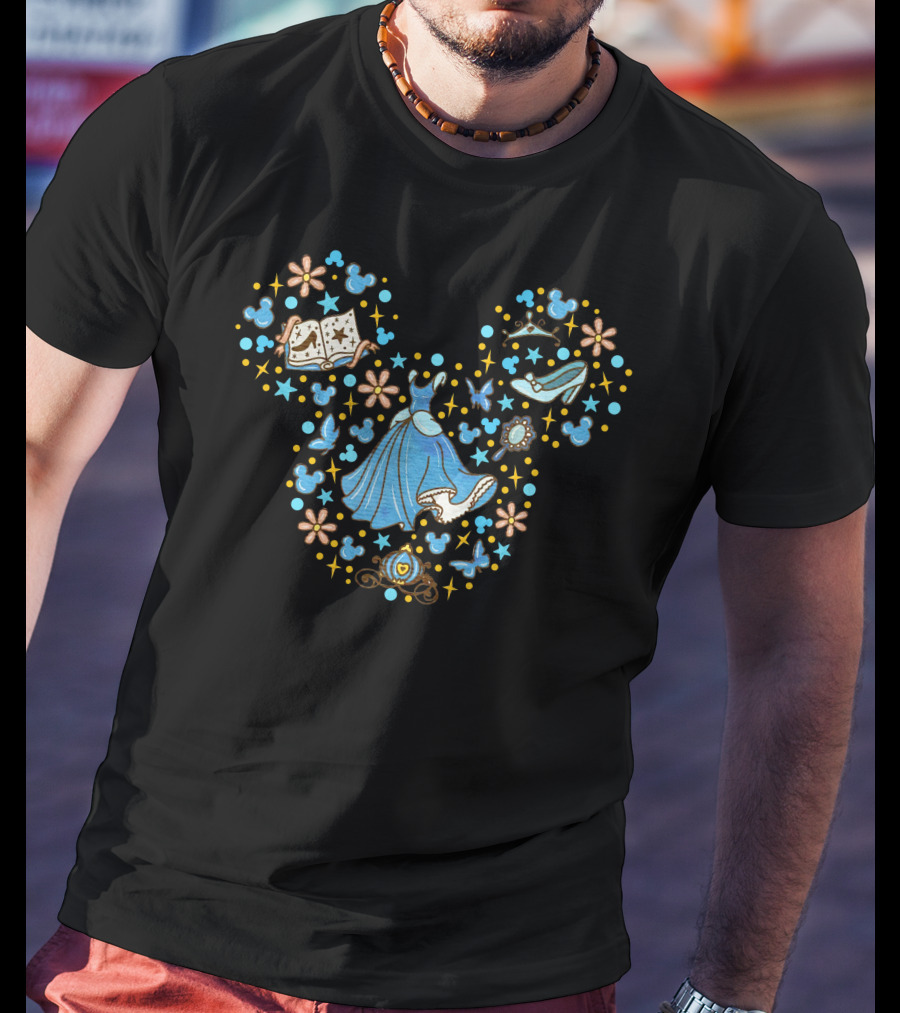 Cinderella Mickey Mouse Head Icon With Glass Slipper And Magic Elements T-Shirt