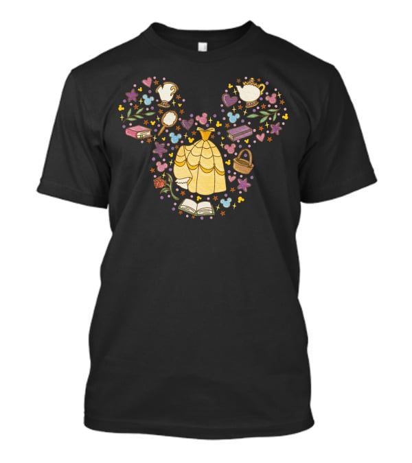 Belle Enchanted Castle Objects With Dress Roses Books And Teapot In Mouse Ears Shape T-Shirt
