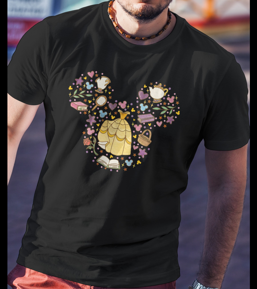 Belle Enchanted Castle Objects With Dress Roses Books And Teapot In Mouse Ears Shape T-Shirt