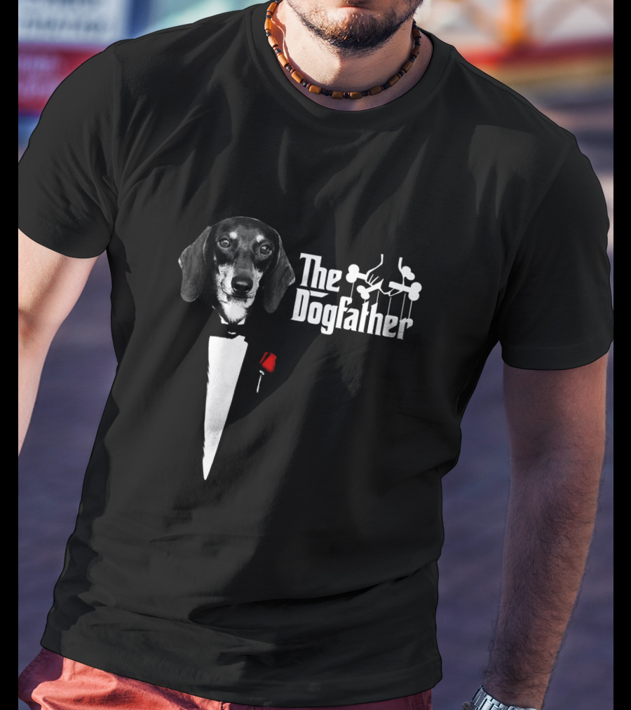 The Dogfather Dashund Tuxedo Rose Puppeteer T-Shirt