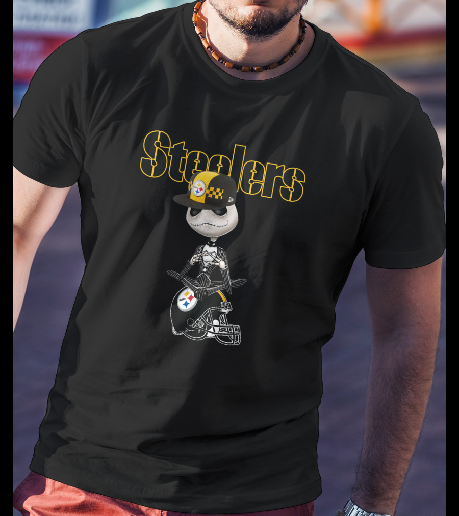 Steelers Jack Skellington With Pittsburgh Football Helmet And Cap T-Shirt