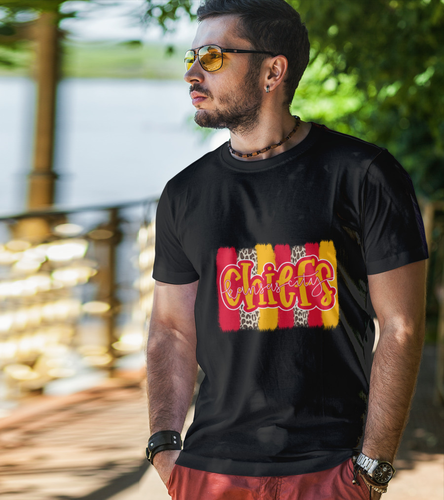 Kansas City Chiefs Handlettered Red Gold Leopard Stripes T-Shirt