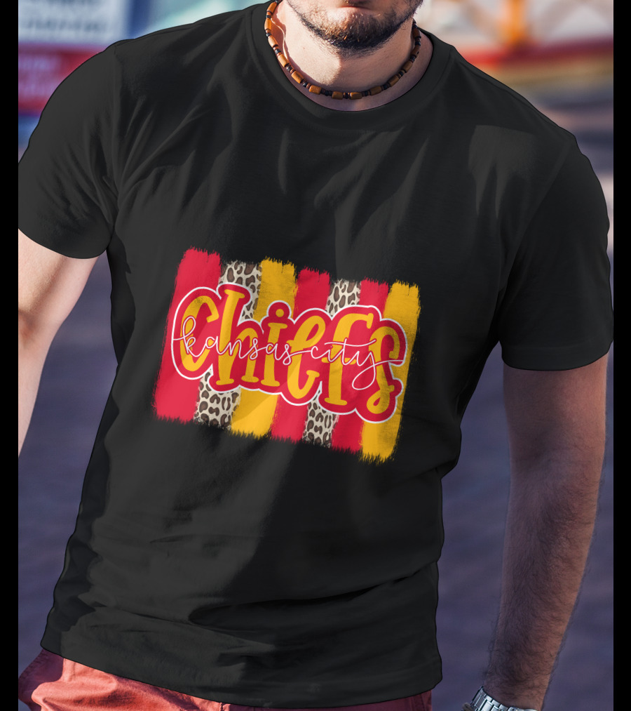Kansas City Chiefs Handlettered Red Gold Leopard Stripes T-Shirt