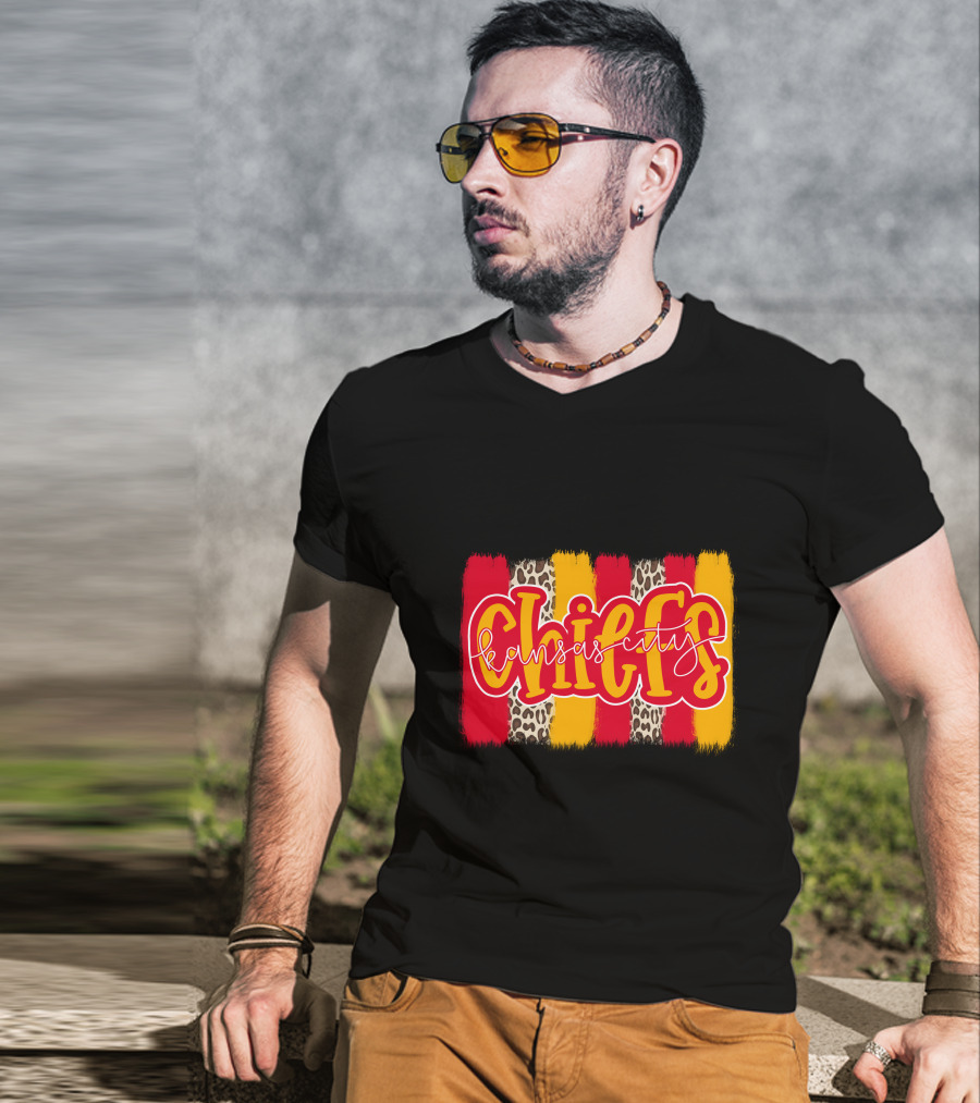 Kansas City Chiefs Handlettered Red Gold Leopard Stripes T-Shirt