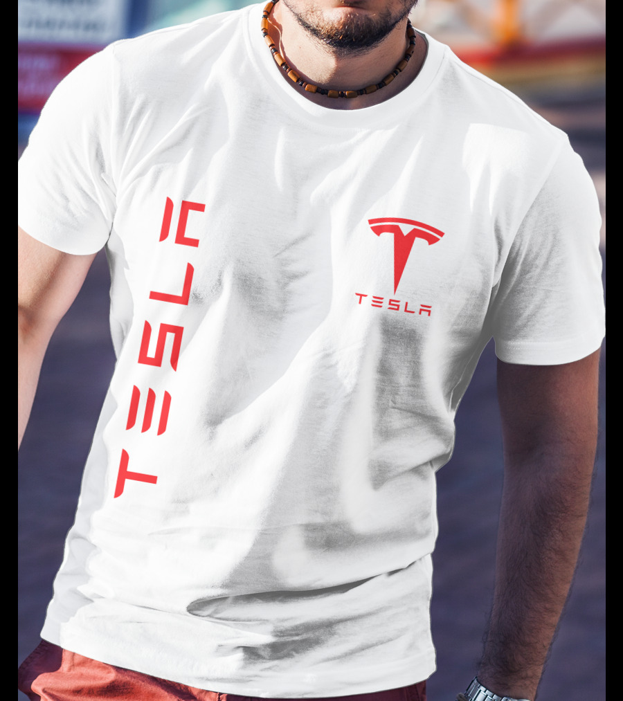 Tesla Vertical And Logo Red T-Shirt