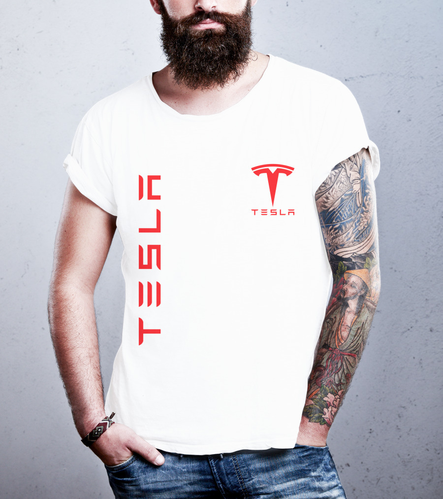 Tesla Vertical And Logo Red T-Shirt